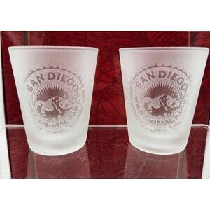 Set of 2 San Diego Zoo Etched Frosted Glass Shot Glasses Collectible Souvenir